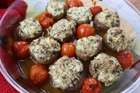 stuffed mushrooms with roasted cherry tomatoes.