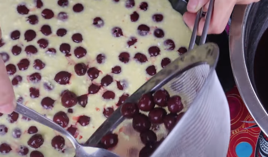 cherry clafoutis last step, add the cherries to the batter